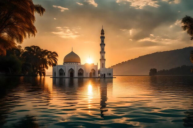 A mosque in the middle of a lake with the sun setting behind it