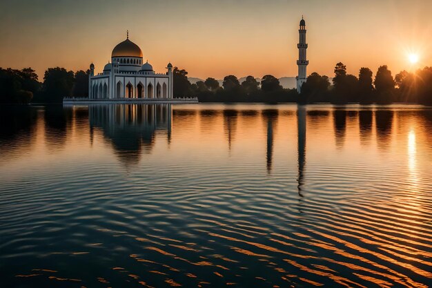 Photo a mosque in the middle of a lake with the sun setting behind it