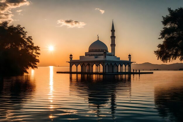 A mosque in the middle of a lake with the sun setting behind it