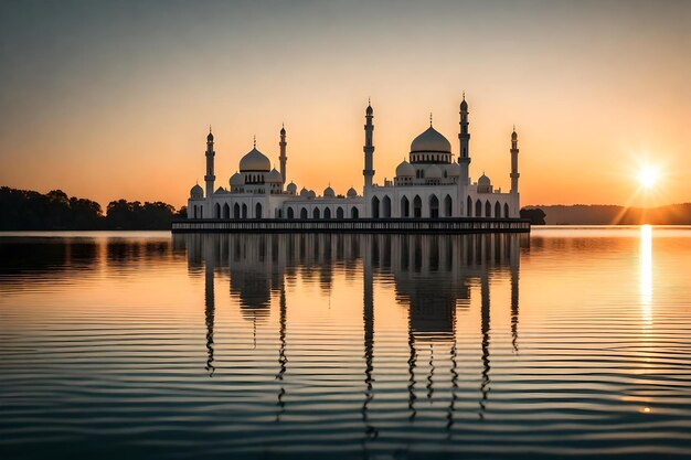 A mosque in the middle of a lake with the sun setting behind it