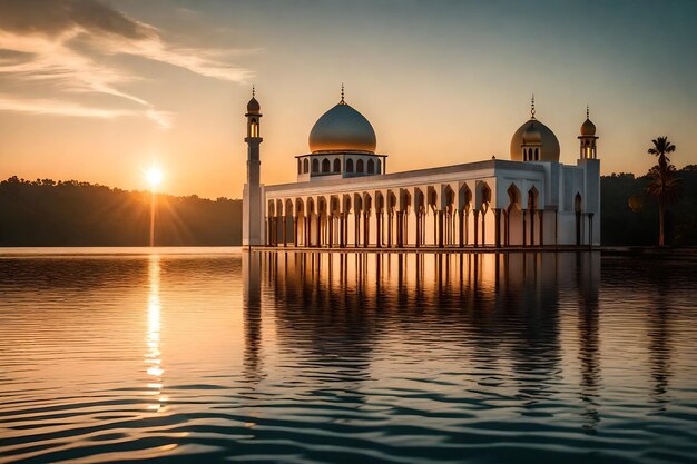 A mosque in the middle of a lake with the sun setting behind it