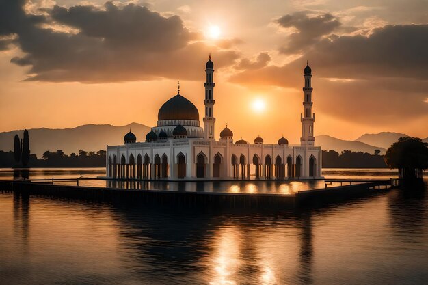 Foto una moschea al centro di un lago con il sole che tramonta dietro di essa