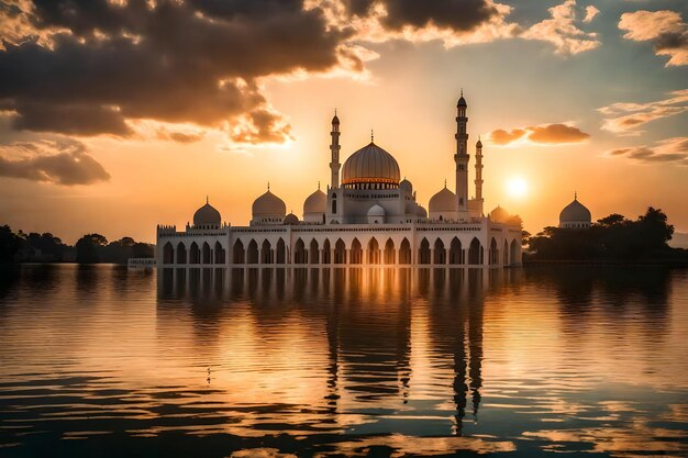 A mosque in the middle of a lake with the sun setting behind it