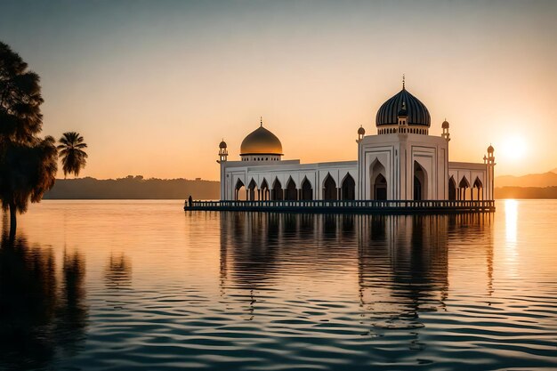 Foto una moschea al centro di un lago con il sole che tramonta dietro di essa