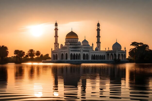 Photo a mosque in the middle of a lake with the sun setting behind it