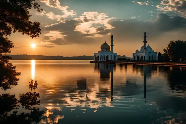 Photo a mosque in the middle of a lake with the sun setting behind it