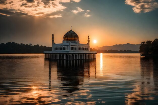 A mosque in the middle of a lake with the sun setting behind it