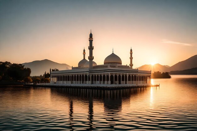 Photo a mosque in the middle of a lake with the sun setting behind it