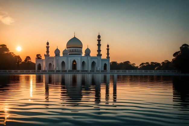 Photo a mosque in the middle of a lake with the sun setting behind it