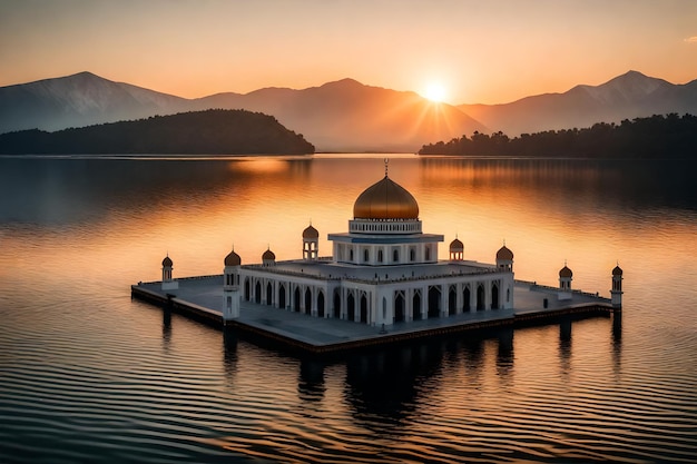 Foto una moschea al centro di un lago con il sole che tramonta dietro di essa