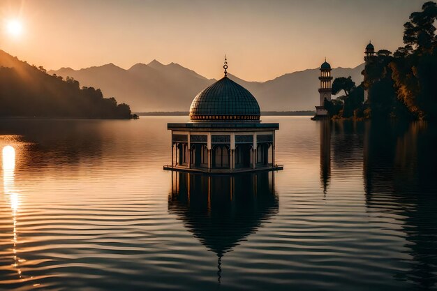 A mosque in the middle of a lake with the sun setting behind it