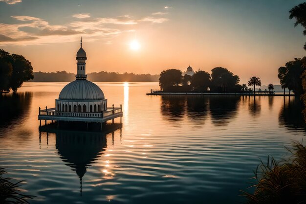 Photo a mosque in the middle of a lake with the sun setting behind it