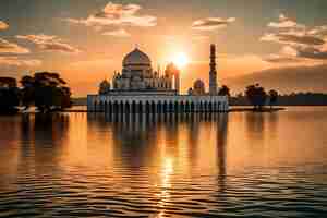 Photo a mosque in the middle of a lake with the sun setting behind it