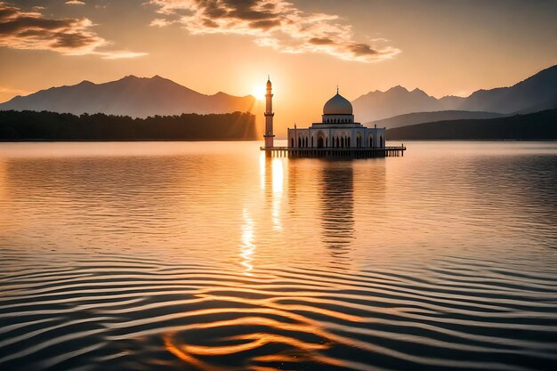 A mosque in the middle of a lake with the sun setting behind it