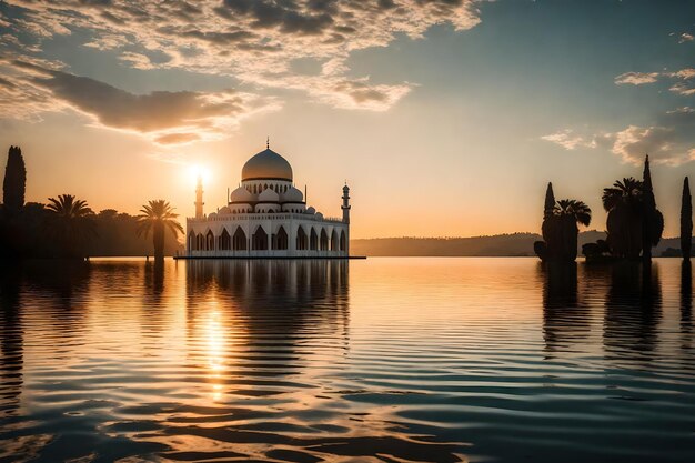 A mosque in the middle of a lake with the sun setting behind it