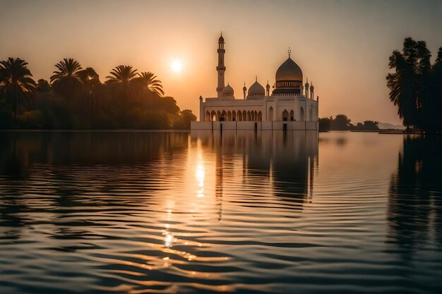 A mosque in the middle of a lake with the sun setting behind it