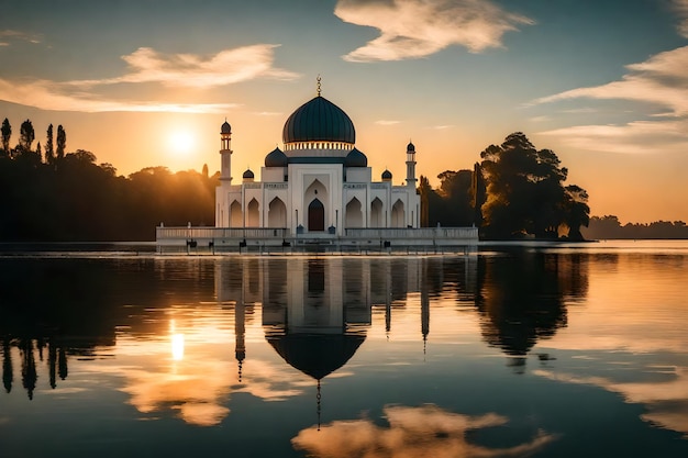 A mosque in the middle of a lake with the sun setting behind it