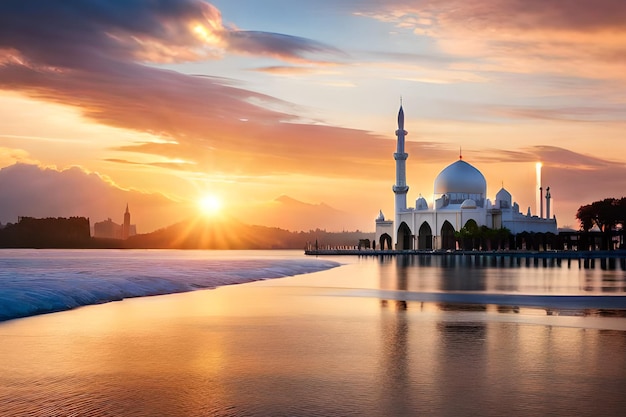 Мечеть посреди моря на закате