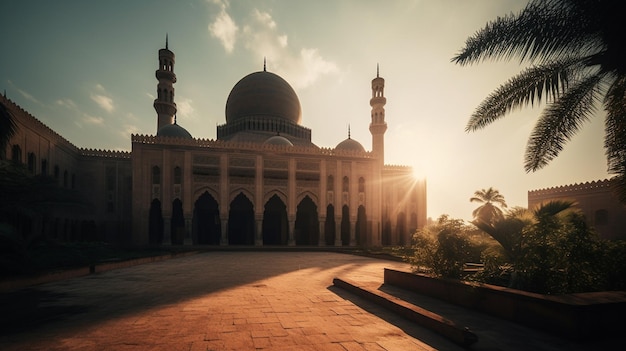 A mosque in the middle of a sunset