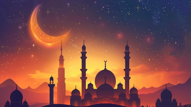 Mosque minaret moon Ramadan Eid postcard template copy space