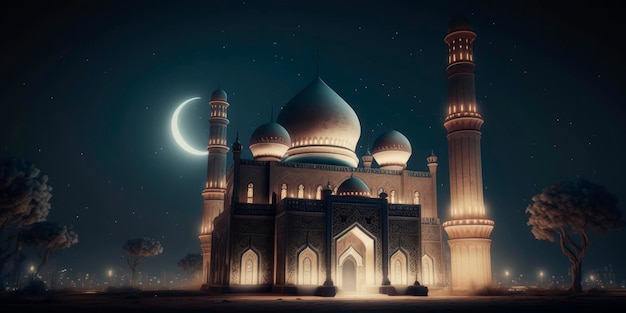 Mosque and minaret at night in moon light Ramadan kareem wallpaper Eid Mubarak Ramadan Kareem