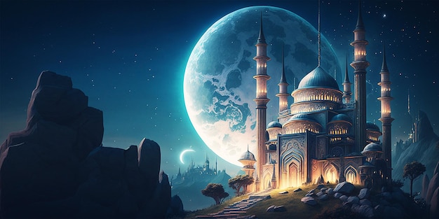 mosque and moon background and empty space for text design