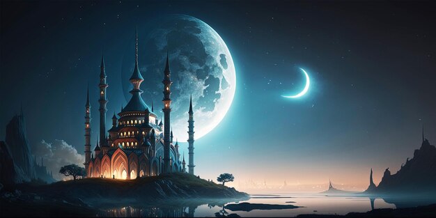 mosque and moon background and empty space for text design