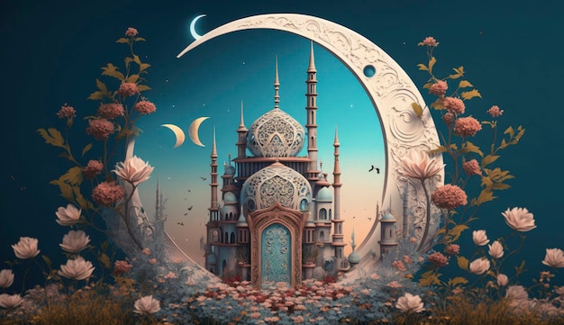 Mosque and moon on blue background 3d render and illustration Generate Ai