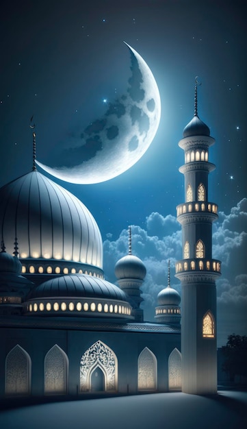 Mosque and moon on blue background 3d render and illustration Generate Ai