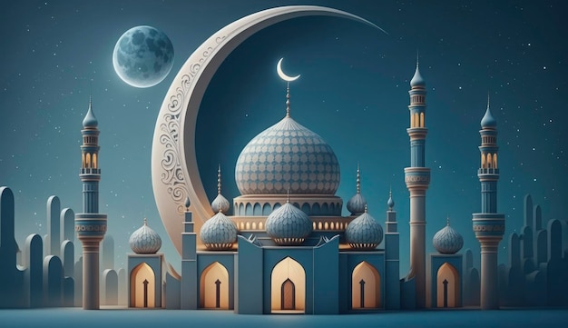 Мечеть и луна на синем фоне 3D рендеринг и иллюстрация Генерировать Ai