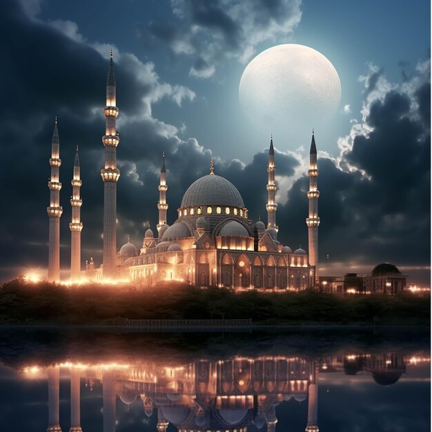 Mosque and moon in the night sky Ramadan Kareem background