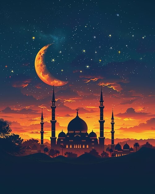 Mosque and the moon in the night sky