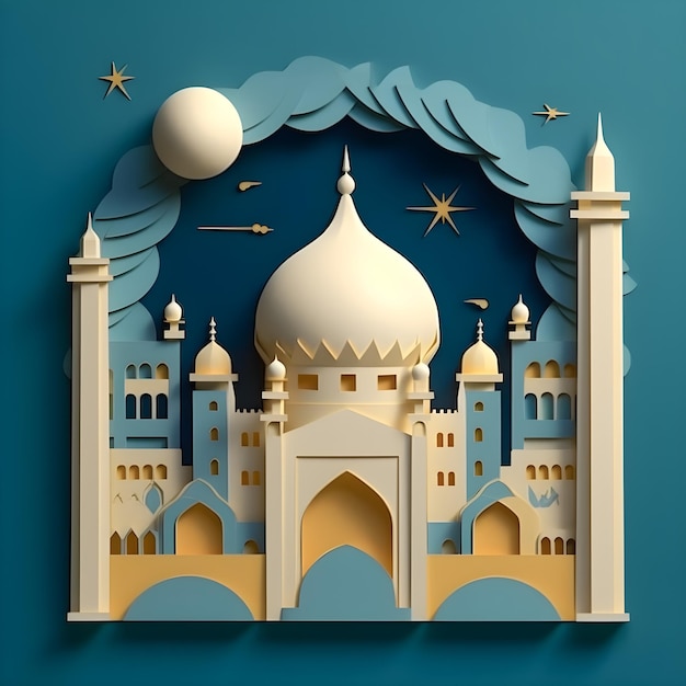 紙アート スタイルのモスクと月 ラマダンとイード アドハーの季節