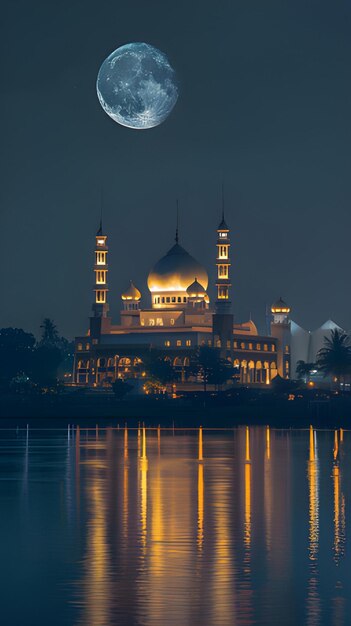 Mosque in the moonlight reflected in the water Islamic Background