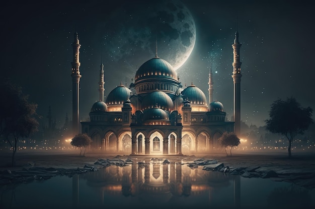 Photo mosque at night. mosque building in magic moon light. ramadan kareem wallpaper. mosque illustration