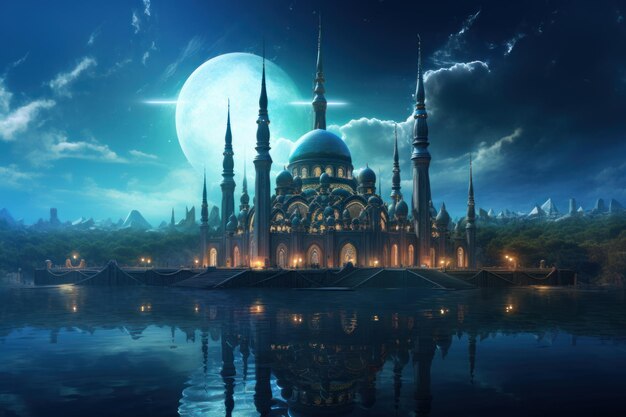 Mosque at night Mosque building in magic moon light Ramadan kareem wallpaper