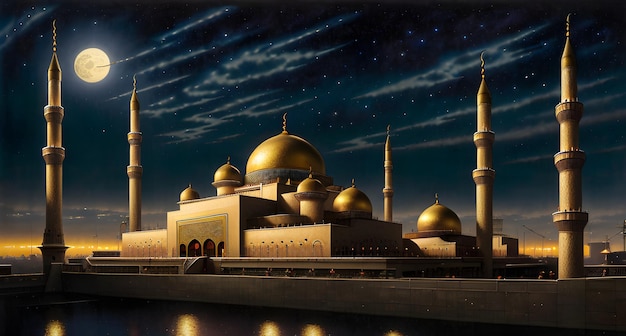 A mosque in the night sky with the moon shining on it.