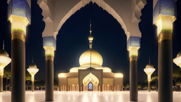 A mosque at night with a dome in the middle