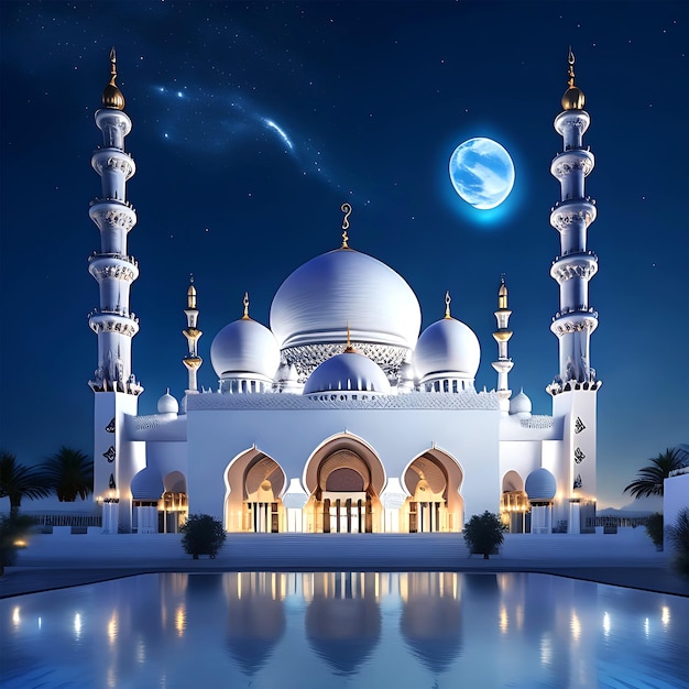 A mosque in the night with a full moon in the background