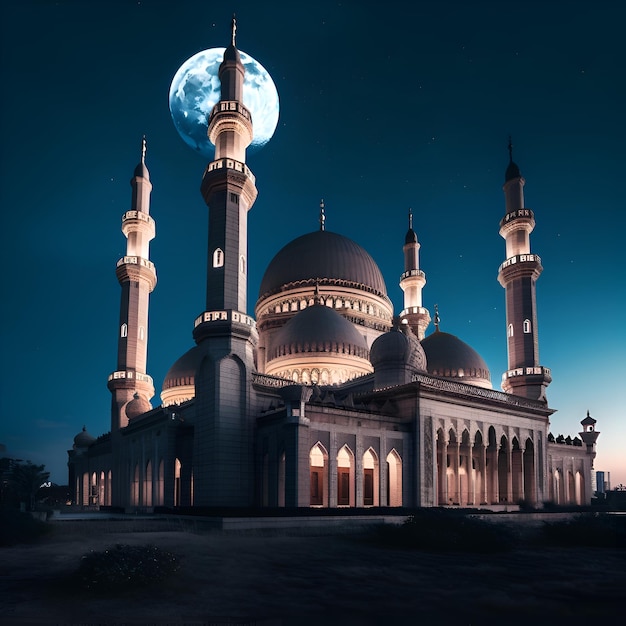 Mosque at night with full moon Ramadan Kareem concept