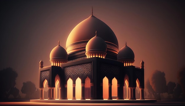 Mosque at night with glowing lights Eastern architecture concept Ramadan Kareem Generative AI