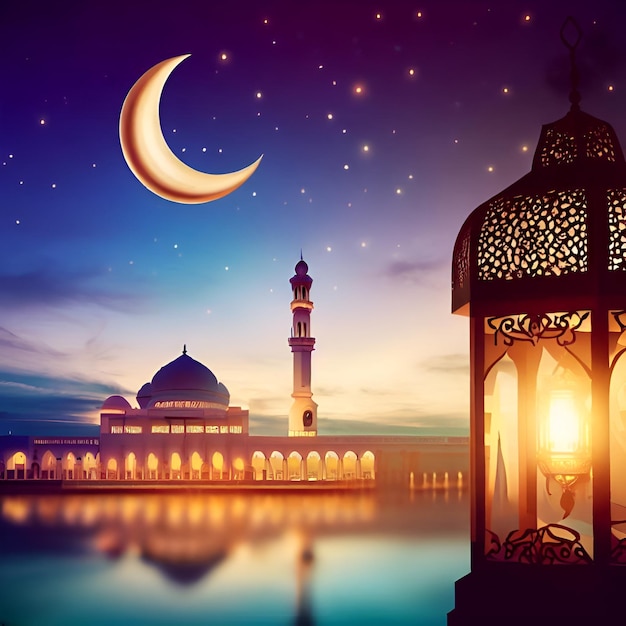 Mosque at night with lantern and crescent moon suitable for ramadan kareem hari raya eid al adha