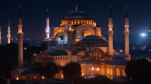 Photo a mosque at night with the minarets of the mosque