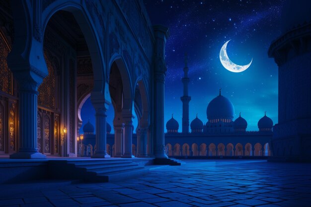 a mosque in the night with the moon and stars