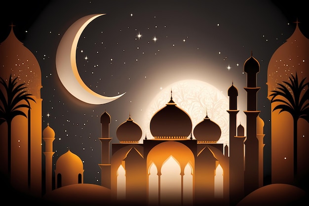 A mosque in the night with a moon and stars