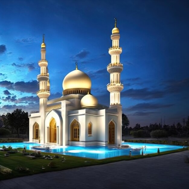 A mosque in the night with a pool in the middle