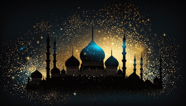 Mosque outline background with gold and blue particle Generative AI