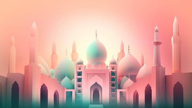 A mosque in a pink and blue color