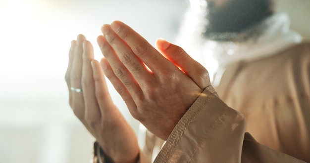 Photo mosque prayer and hands of islamic man with love mindfulness and gratitude in faith worship religion and muslim teacher in holy temple praise spiritual teaching and peace ramadan in morocco