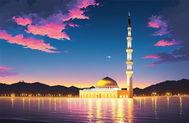 금식의 이슬람 축제를 위한 라마단 카림 이드 인사말을 위한 모스크 Generative AI